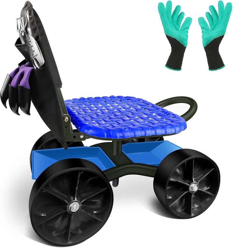 iCover Garden Cart Rolling Stool Four Wheels with Tool Bag and Two Patio Gloves, Stable Workseat Sturdy Carts Adjustable Seat Height and Direction, Gardening Helper - Image 1